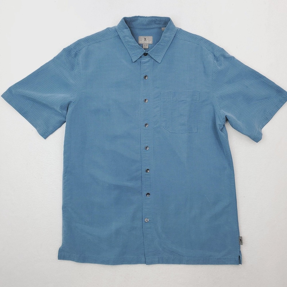 Royal Robbins Shirt Mens LT Blue Check Short Sleeve Button Up Relaxed Fit Modal